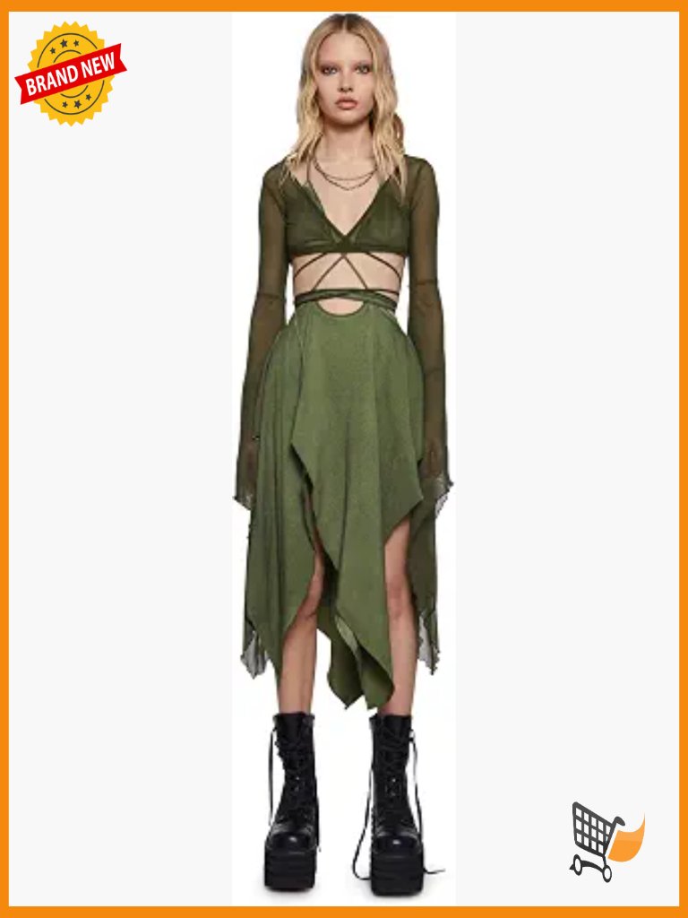 Asymmetrical Mesh Wrap Dress With Bell Sleeves And High Leg Slit